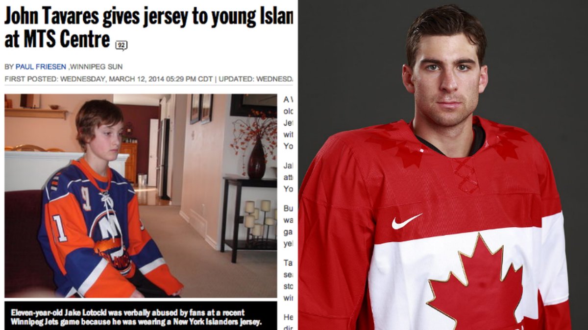 John Tavares läste om sitt elvaåriga fan som häcklades av supportrar efter en hockeymatch. 
